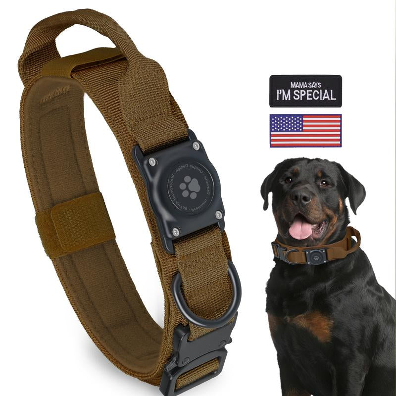 Tactical Airtag Dog Collar, 100% Waterproof Integrated Apple Air Tag Dog Collars with Hard PC Airtag Holder, Adjustable Military Collar with Handle, GPS Dog Collar for Medium Large Dogs