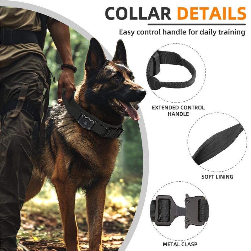 Tactical Airtag Dog Collar, 100% Waterproof Integrated Apple Air Tag Dog Collars with Hard PC Airtag Holder, Adjustable Military Collar with Handle, GPS Dog Collar for Medium Large Dogs