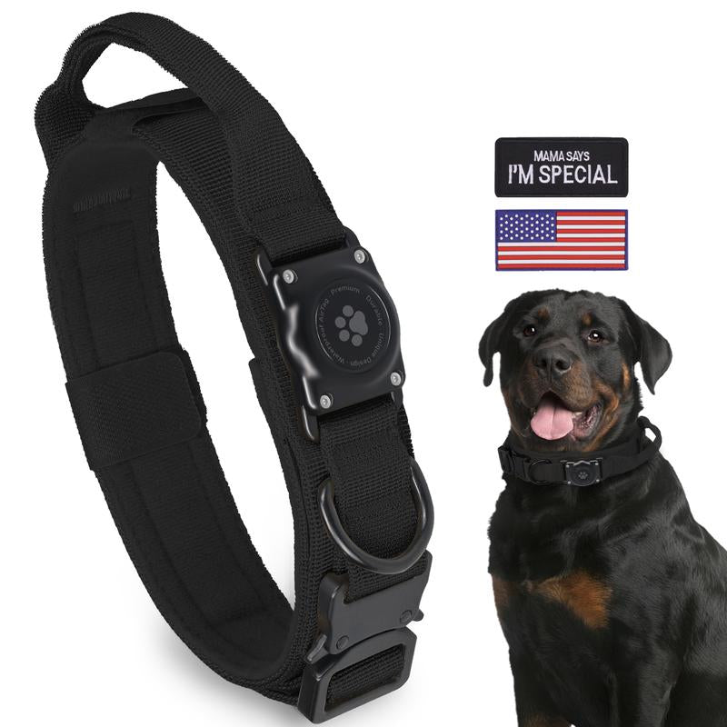 Tactical Airtag Dog Collar, 100% Waterproof Integrated Apple Air Tag Dog Collars with Hard PC Airtag Holder, Adjustable Military Collar with Handle, GPS Dog Collar for Medium Large Dogs