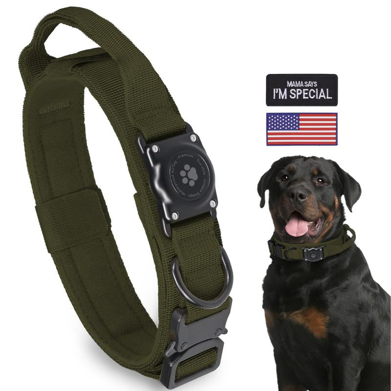 Tactical Airtag Dog Collar, 100% Waterproof Integrated Apple Air Tag Dog Collars with Hard PC Airtag Holder, Adjustable Military Collar with Handle, GPS Dog Collar for Medium Large Dogs