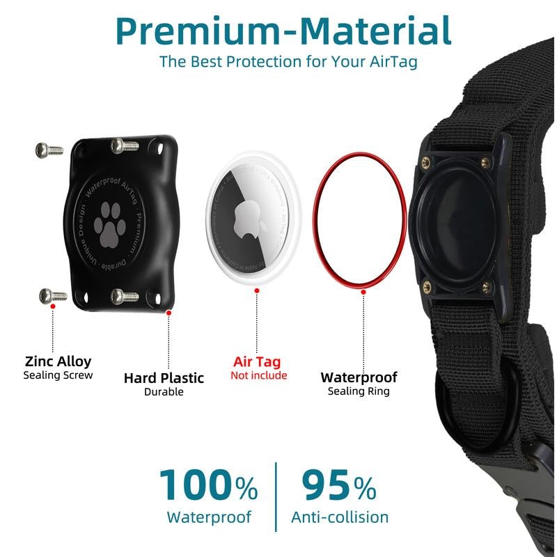 Tactical Airtag Dog Collar, 100% Waterproof Integrated Apple Air Tag Dog Collars with Hard PC Airtag Holder, Adjustable Military Collar with Handle, GPS Dog Collar for Medium Large Dogs