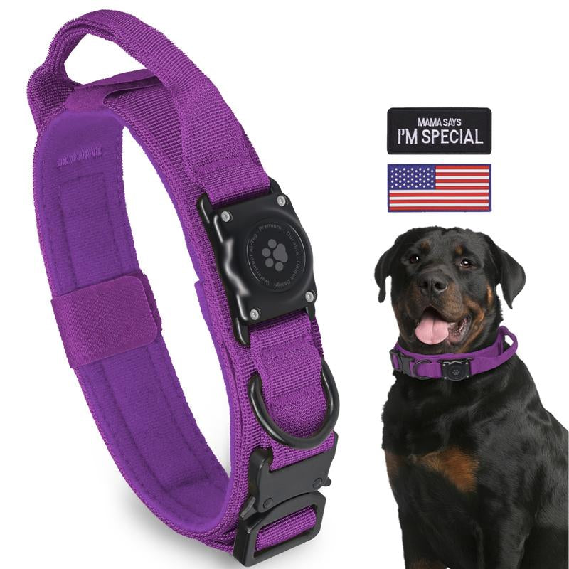 Tactical Airtag Dog Collar, 100% Waterproof Integrated Apple Air Tag Dog Collars with Hard PC Airtag Holder, Adjustable Military Collar with Handle, GPS Dog Collar for Medium Large Dogs
