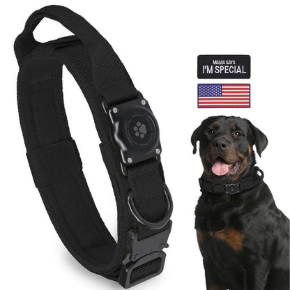 Tactical Airtag Dog Collar, 100% Waterproof Integrated Apple Air Tag Dog Collars with Hard PC Airtag Holder, Adjustable Military Collar with Handle, GPS Dog Collar for Medium Large Dogs