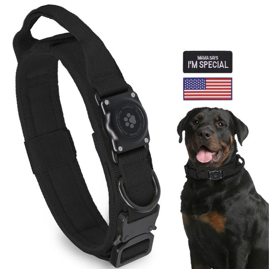Tactical Airtag Dog Collar, 100% Waterproof Integrated Apple Air Tag Dog Collars with Hard PC Airtag Holder, Adjustable Military Collar with Handle, GPS Dog Collar for Medium Large Dogs